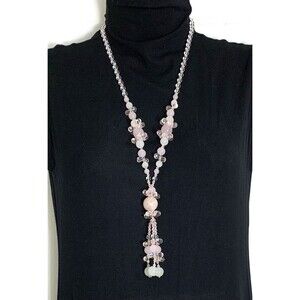 Pink Beaded Necklace Y Style Tasseled Light Pink